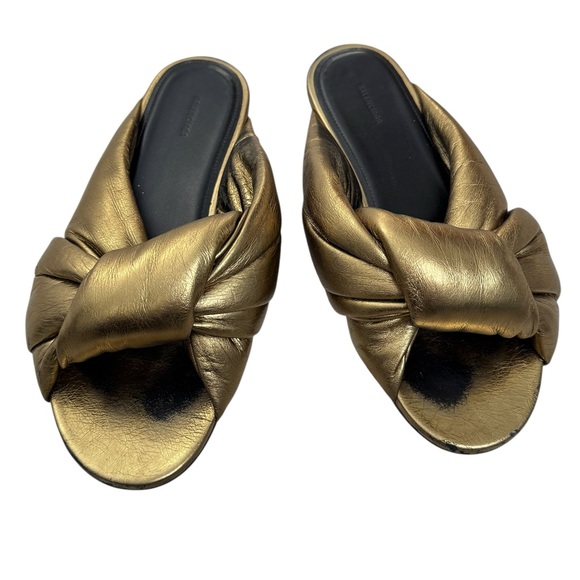 Balenciaga Drapy Gold Leather Slip On Slide Sandals - Picture 1 of 9